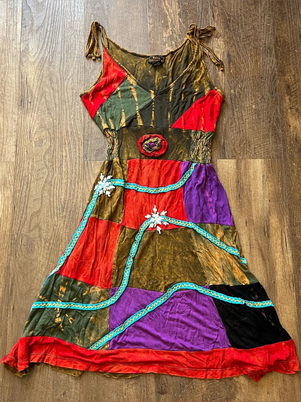 Rising International Boho Dress Embroidered Applique Tie-Dye Colorful Sz medium